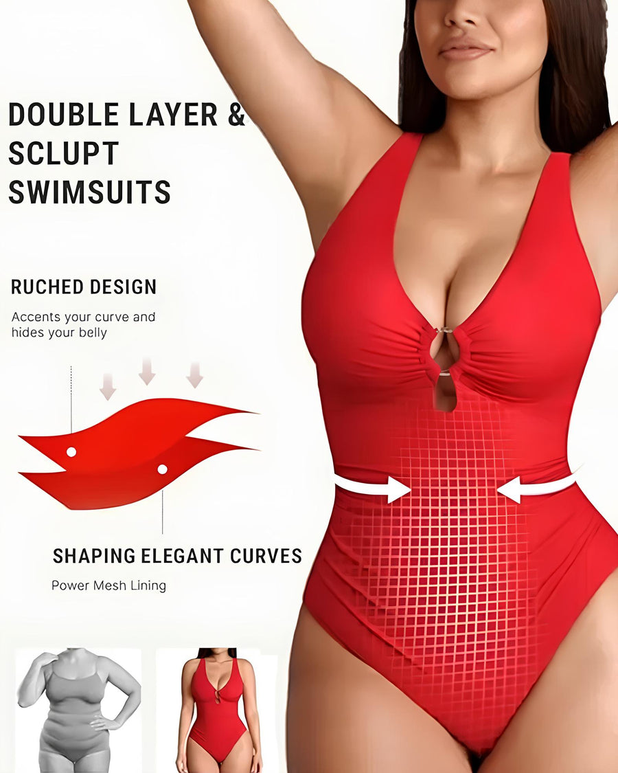 Bañador de Una Pieza con Control Abdomen y Escote en V Profundo - Color Sólido