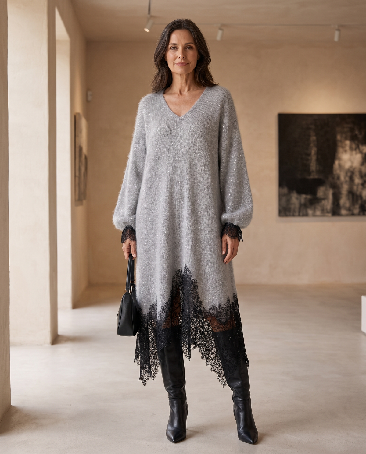 Vestido Sedona gris con encaje negro, vista frontal en una galería