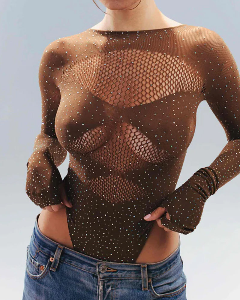 Body de Malla Brillante con Cuello Redondo y Manga Larga