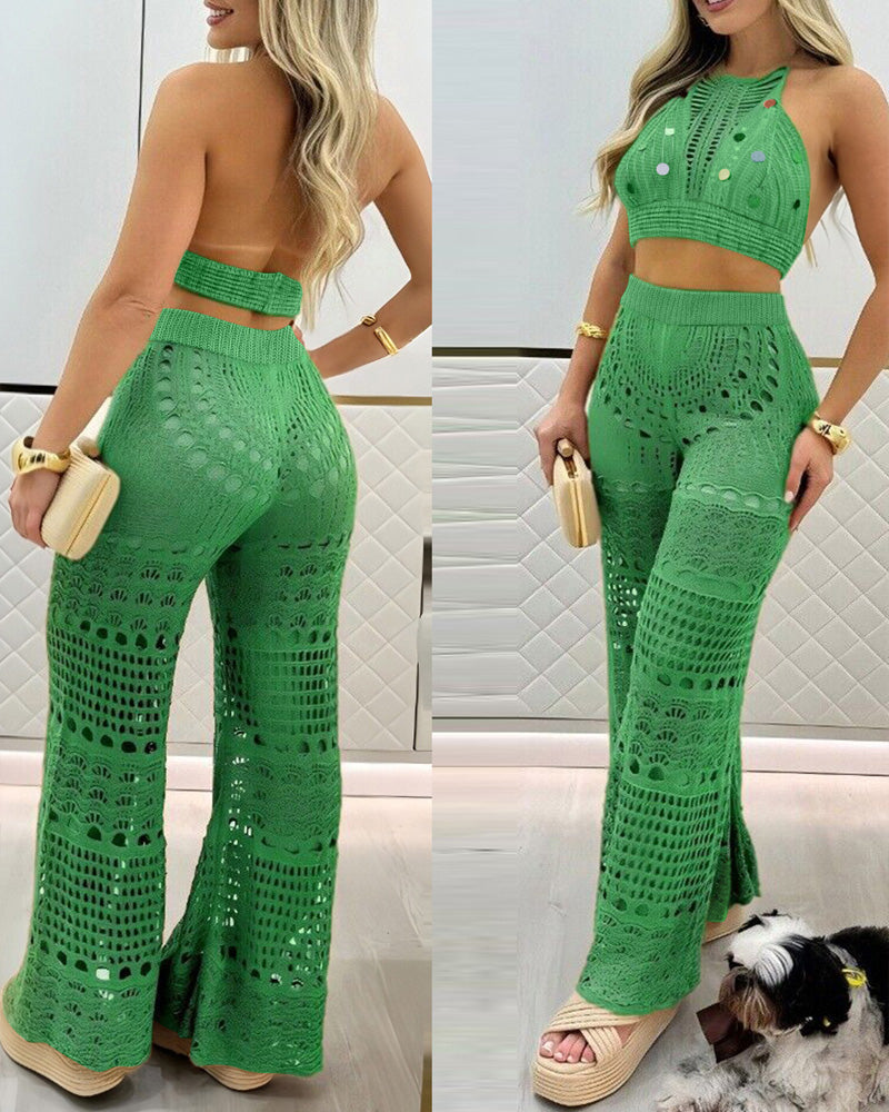 Conjunto Sexy de Top Halter y Pantalones de Punto Hueco para Mujeres