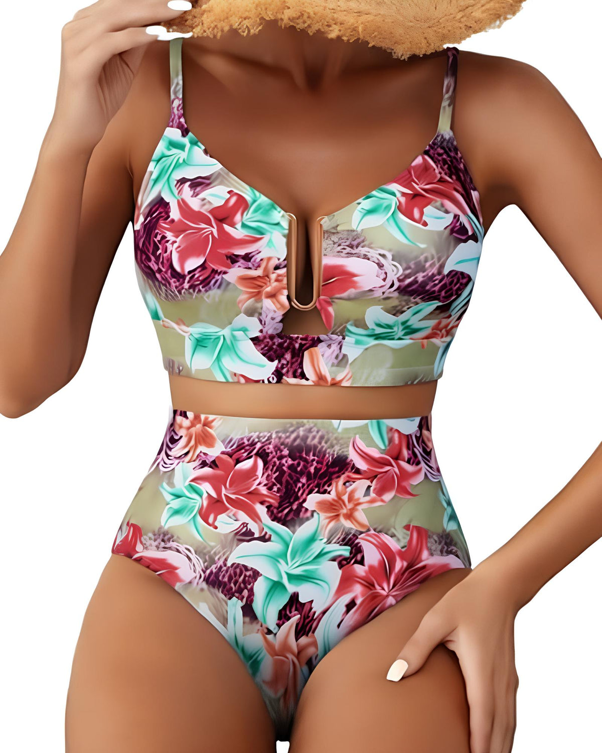 Bikini floral de talle alto con control abdominal y escote en V para mujer