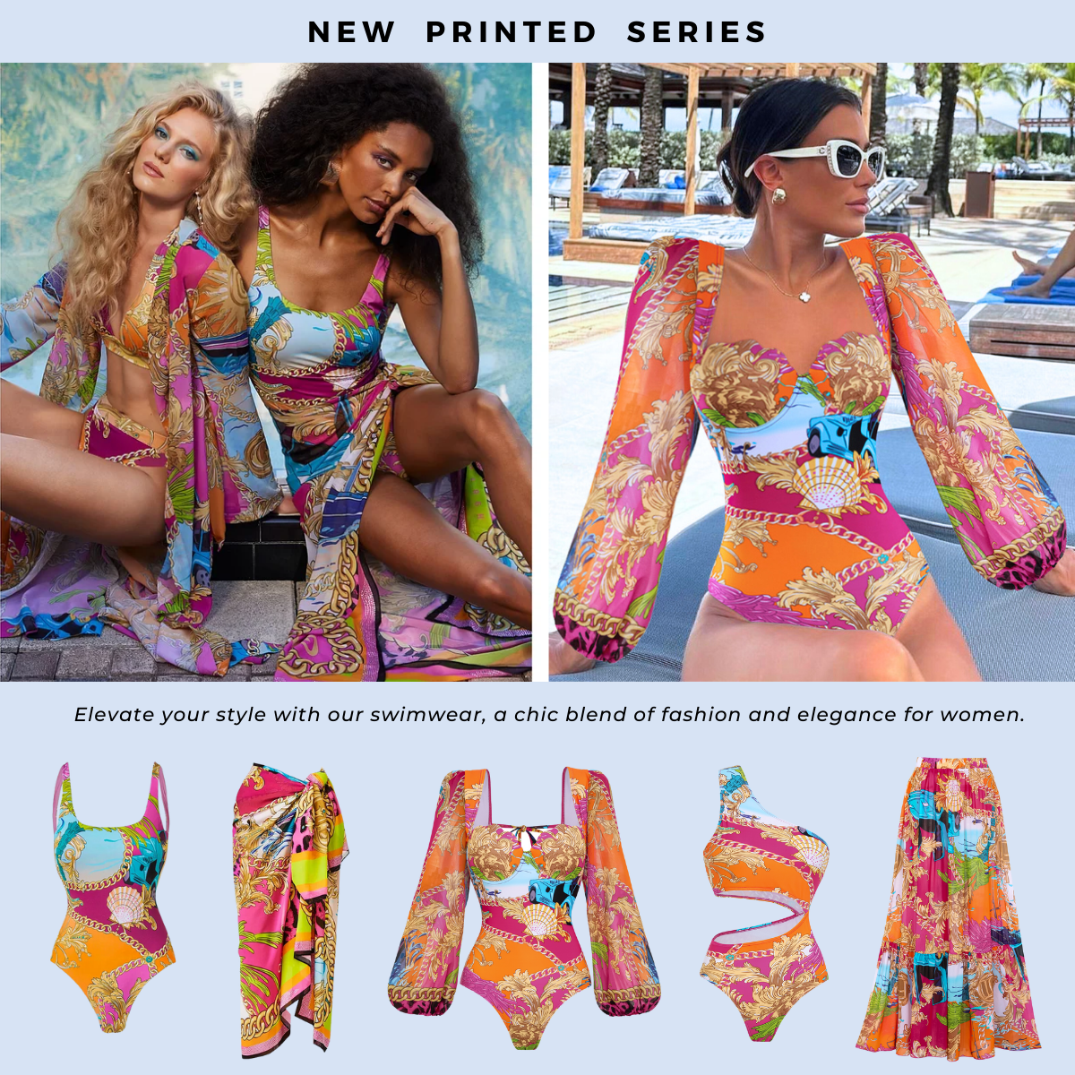 Conjunto de Baño de Una Pieza con Estampado de Concha y Sarong/Falda