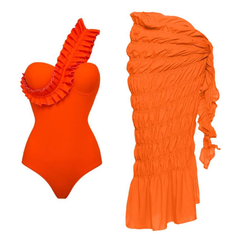 Mono de baño asimétrico con volantes y sarong naranja