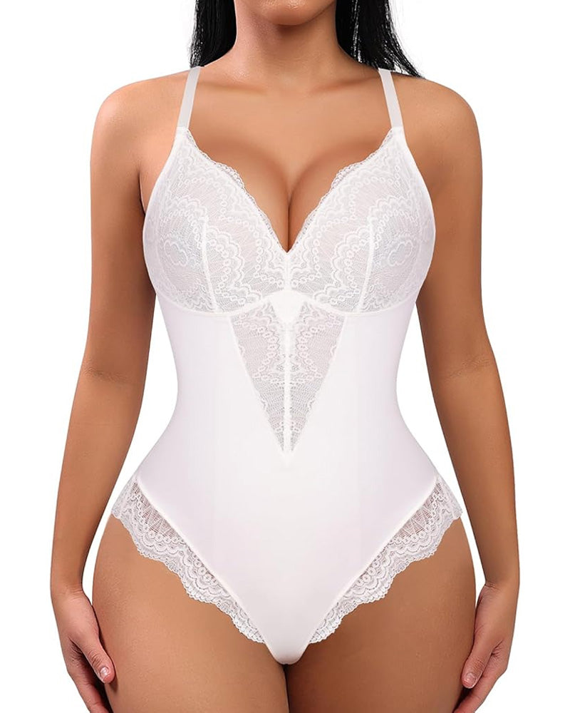 Body de Encaje con Escote en V y Control Abdomen