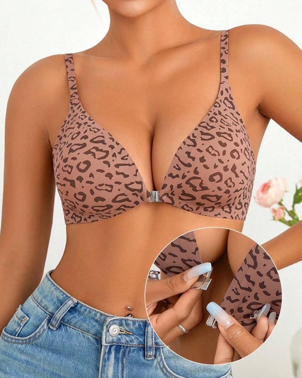 Sujetador sin cables con botones frontales y tirantes ajustables - Diseño de leopardo