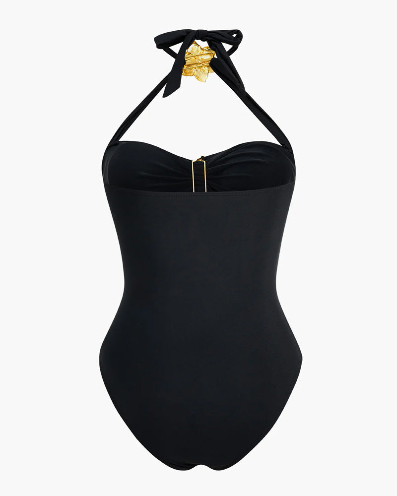 Bañador Halter con Falda y Detalles de Hardware Floral