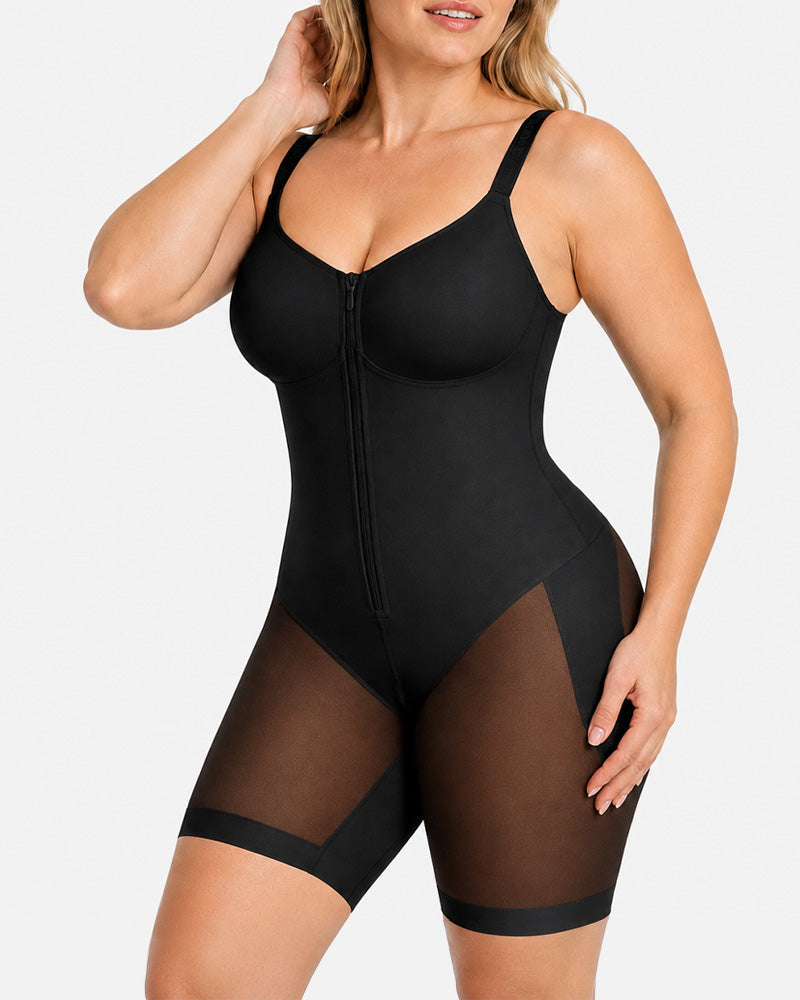 Body sin costuras con cremallera frontal hasta el muslo" can be rewritten as:

"Body sin costuras con cremallera delantera hasta el muslo
