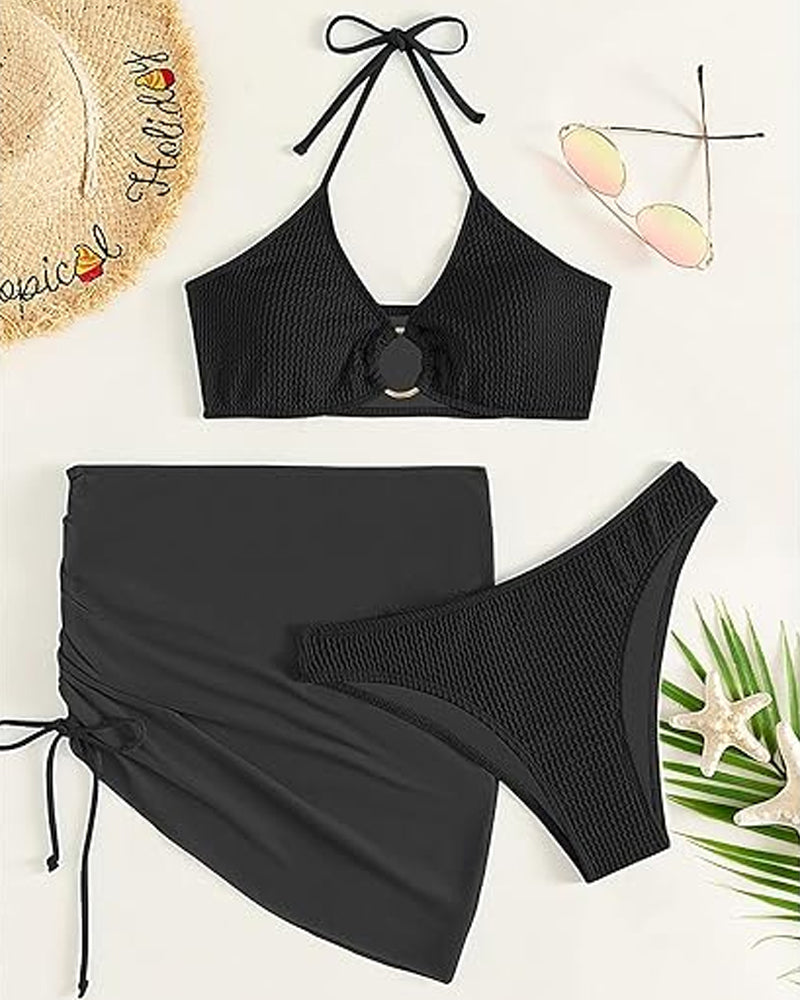 Conjunto de baño de 3 piezas para mujer: bikini halter con anillo y falda cubierta