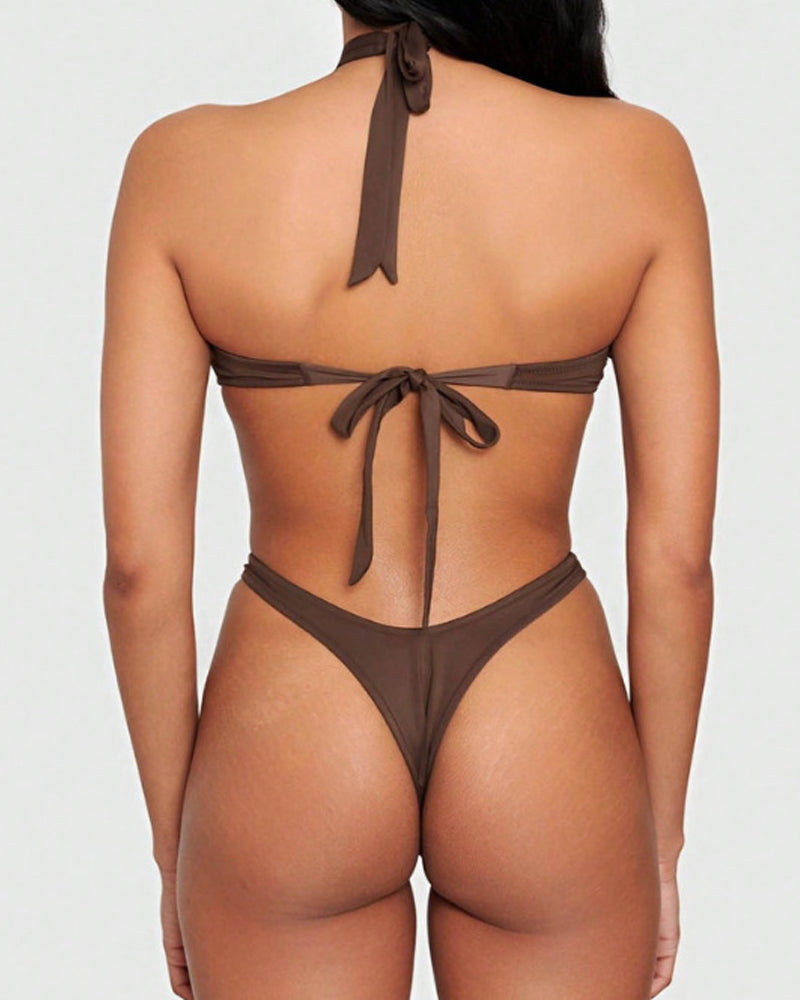 Traje de Baño de Una Pieza con Corte, Espalda Abierta y Cuello Halter