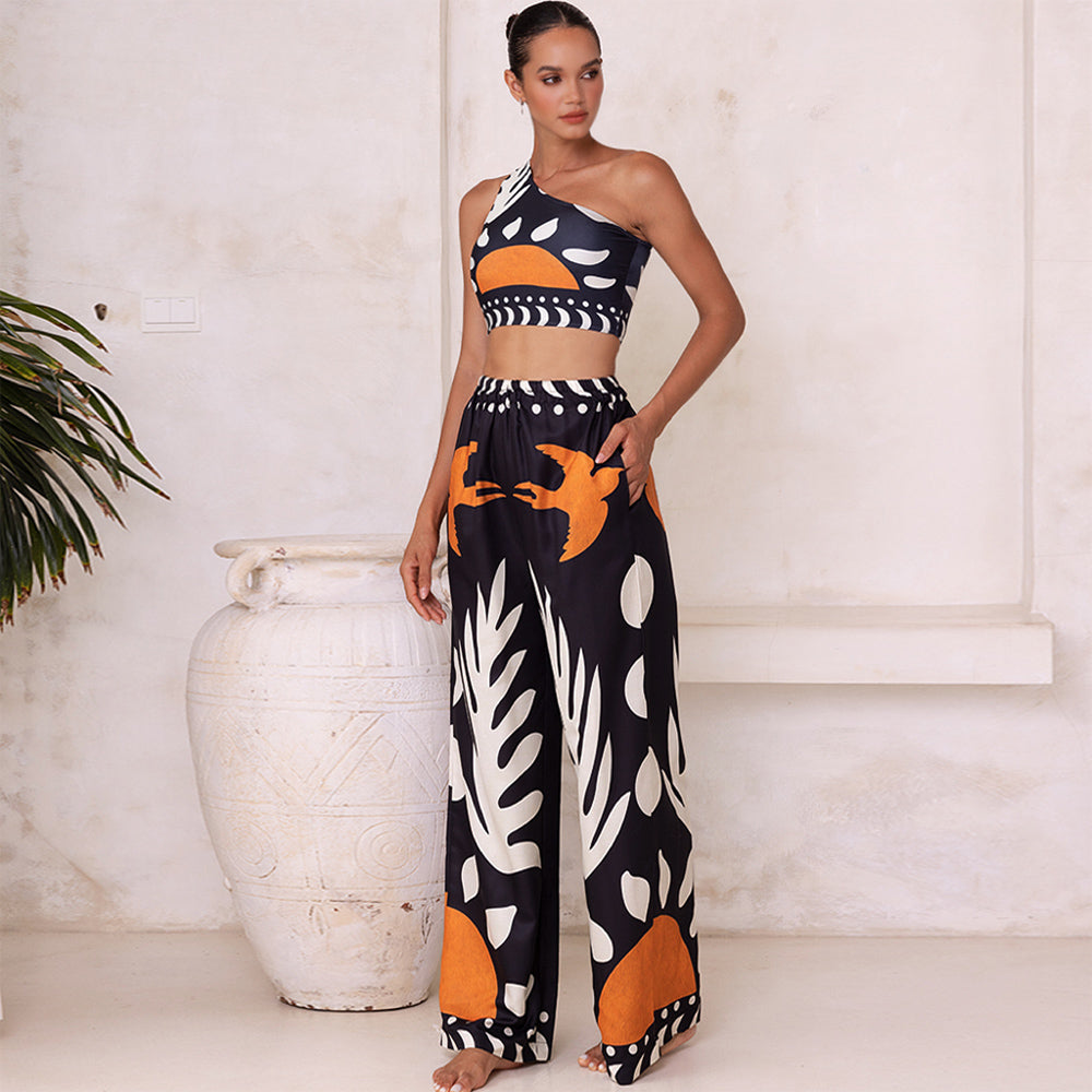 Bikini de un solo hombro con pantalones o falda de cintura alta