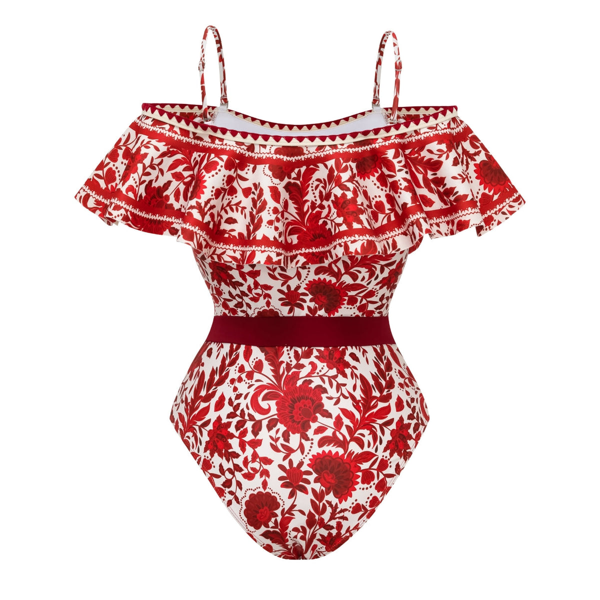Traje de baño de una pieza con falda y estampado floral en rojo con volantes