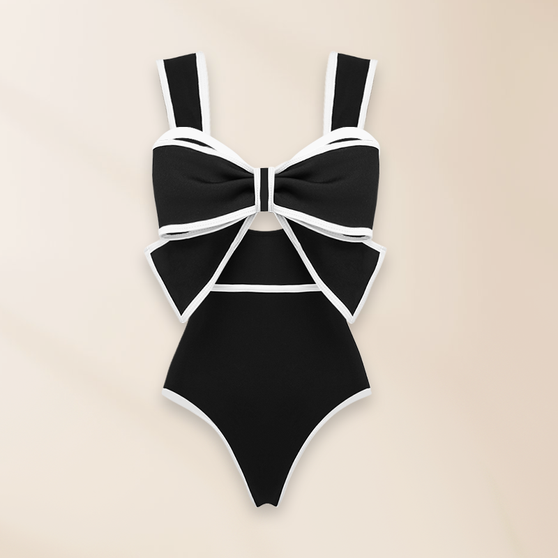 Traje de Baño de Una Pieza con Falda y Lazo en Blanco y Negro