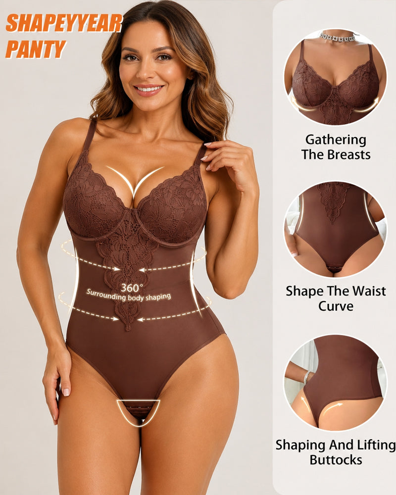 Body sin costuras para mujer con control abdominal y elegante encaje en V profundo