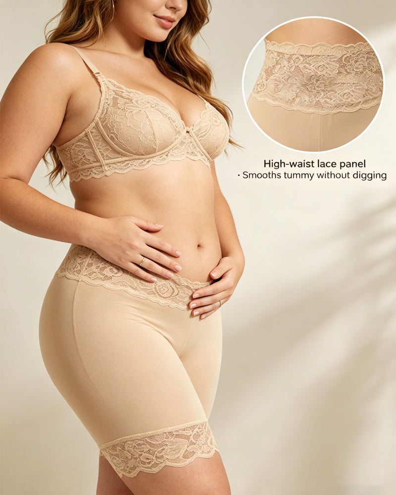 Shorts Elásticos de Control Abdomen Sin Costuras con Cintura Alta y Detalles de Encaje para Mujeres