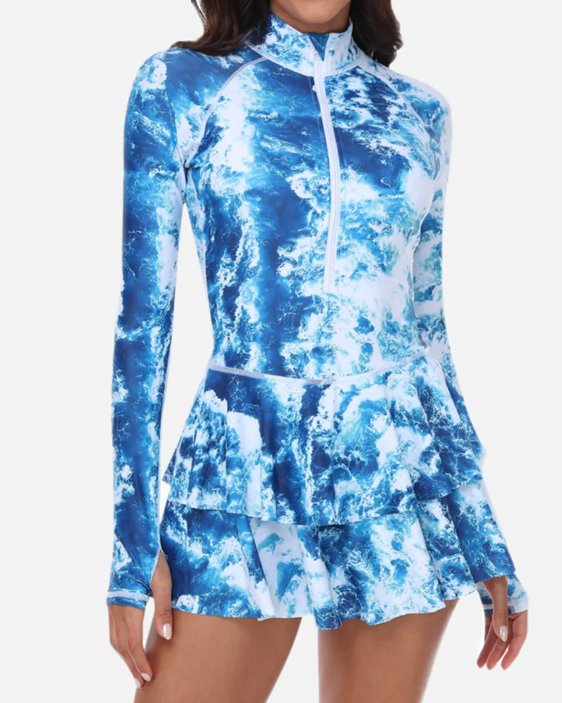 Traje de Baño de Una Pieza con Estampado de Vacaciones en la Playa, Falda Rizada y Manga Larga, UPF 50+