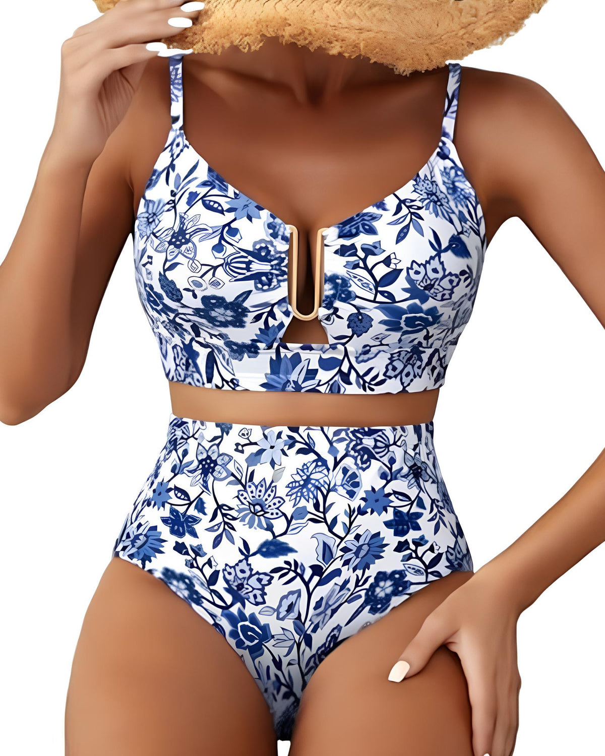 Bikini floral de talle alto con control abdominal y escote en V para mujer
