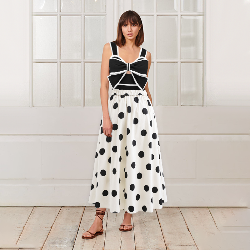 Traje de Baño de Una Pieza con Falda y Lazo en Blanco y Negro