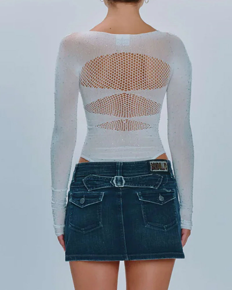 Body de Malla Brillante con Cuello Redondo y Manga Larga