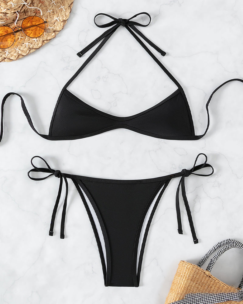 Bikini de Playa Mini Plisado con Cuello Halter en Color Sólido Sexy