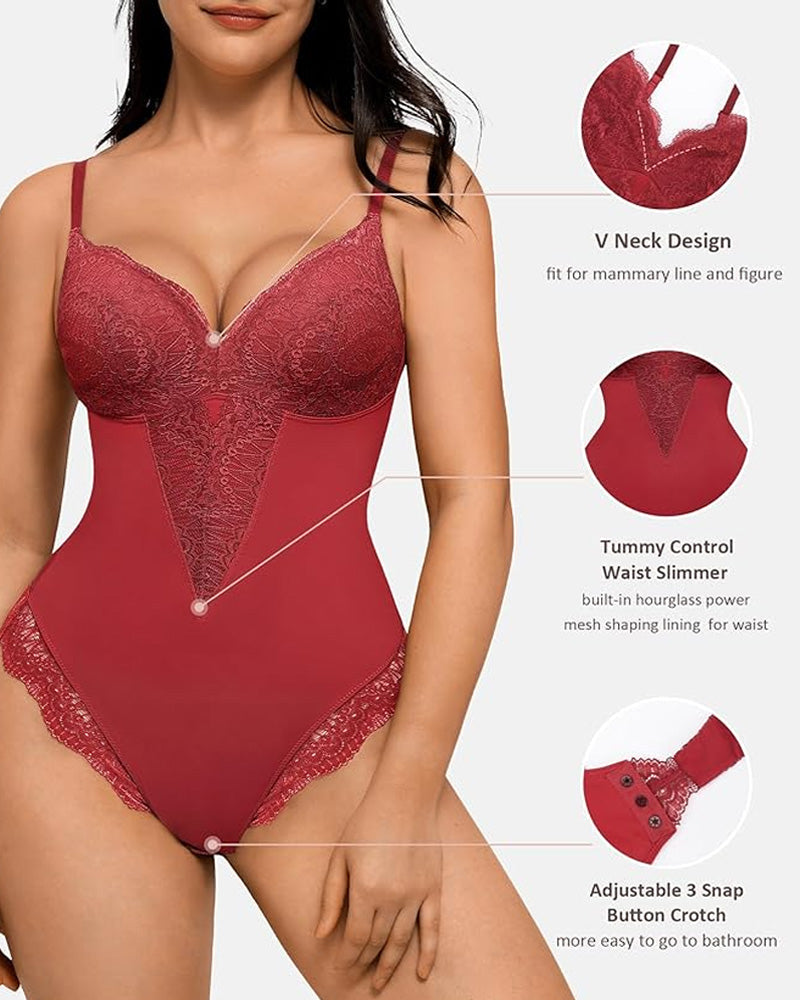 Body de Encaje con Escote en V y Control Abdomen