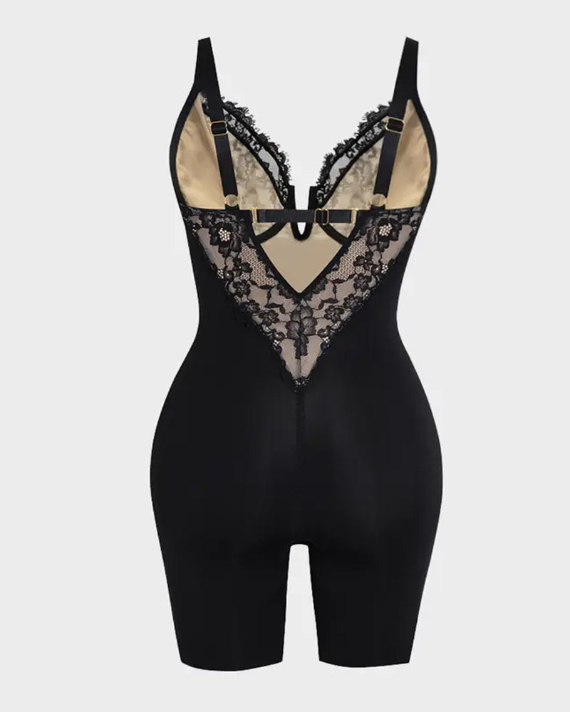 Body sin costuras de encaje elástico con escote en V para mujer" can be rewritten as:

"Body de encaje elástico sin costuras con escote en V para mujer