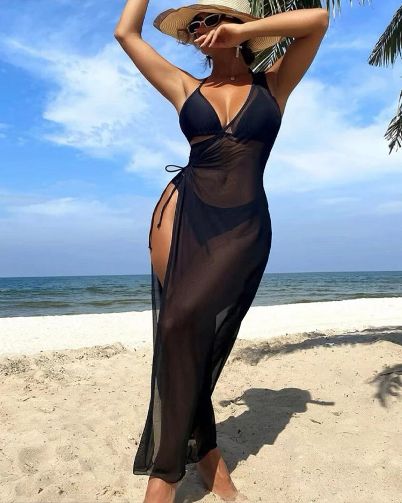 Conjunto de Bikini Halter Sólido Sexy con Cubierta Larga de Un Solo Hombro