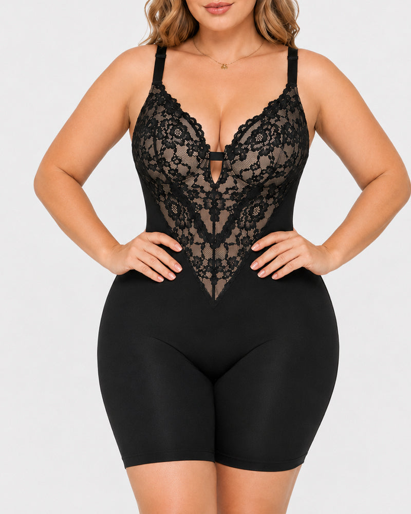 Body sin costuras de encaje elástico con escote en V para mujer" can be rewritten as:

"Body de encaje elástico sin costuras con escote en V para mujer