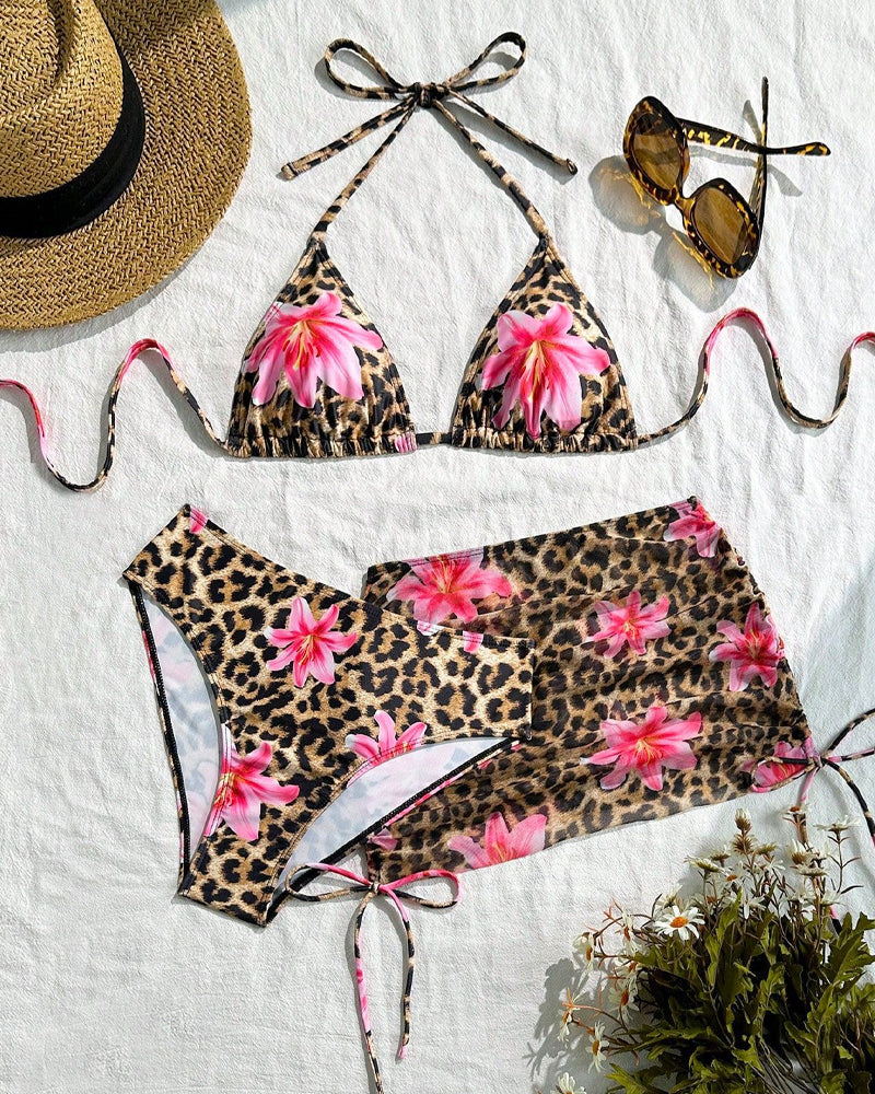 Conjunto de Bikini de Playa con Estampado de Leopardo y Elegante Cuello Halter