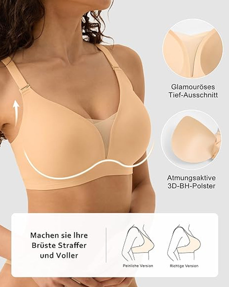 Sostén sin costuras, cómodo y transpirable, con escote en V, sin aros y efecto push-up de malla