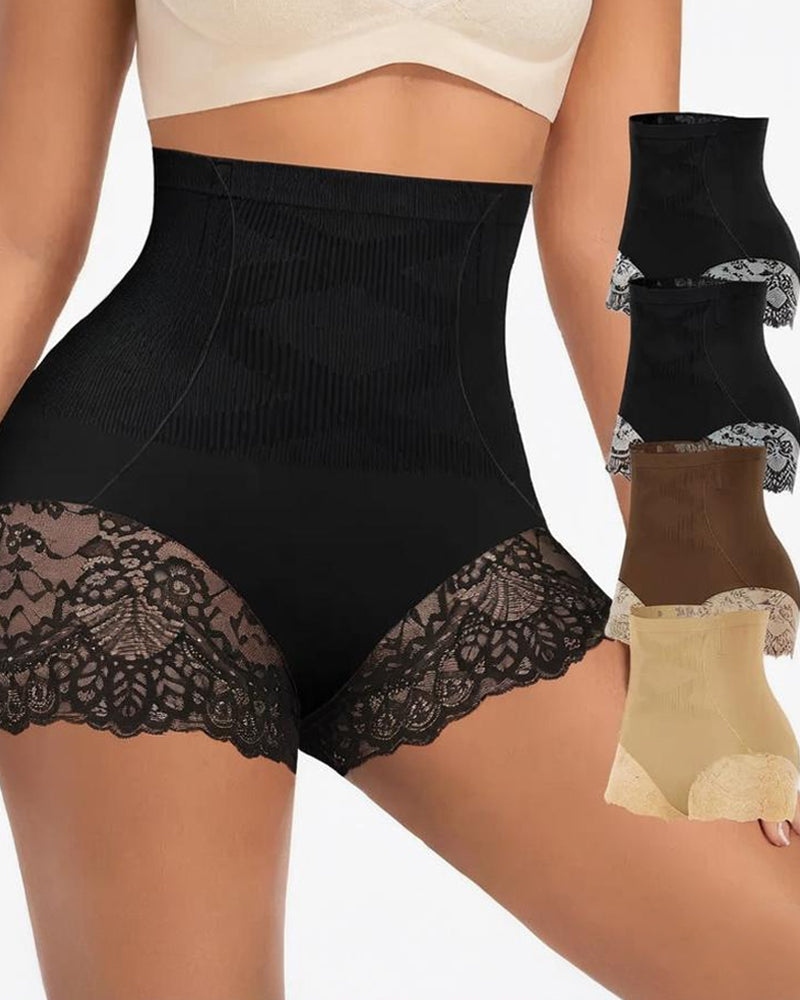 Panties de Control Abdomen y Levantamiento de Glúteos de Encaje Sin Costuras de Cintura Alta para Mujer