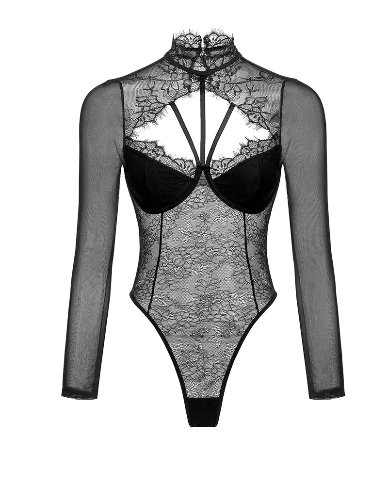 Body de encaje seductor con malla transparente y mangas largas