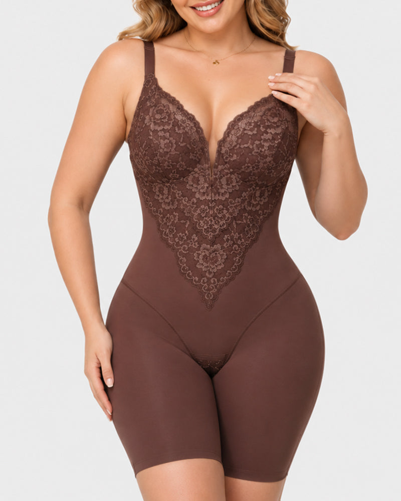 Body sin costuras de encaje elástico con escote en V para mujer" can be rewritten as:

"Body de encaje elástico sin costuras con escote en V para mujer