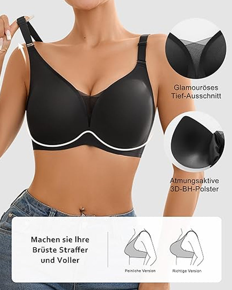 Sostén sin costuras, cómodo y transpirable, con escote en V, sin aros y efecto push-up de malla