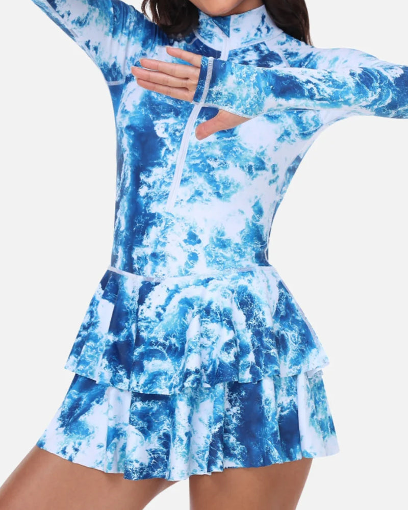 Traje de Baño de Una Pieza con Estampado de Vacaciones en la Playa, Falda Rizada y Manga Larga, UPF 50+