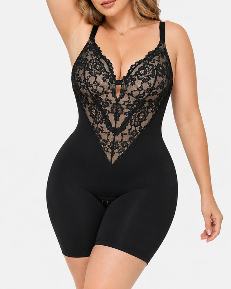 Body sin costuras de encaje elástico con escote en V para mujer" can be rewritten as:

"Body de encaje elástico sin costuras con escote en V para mujer