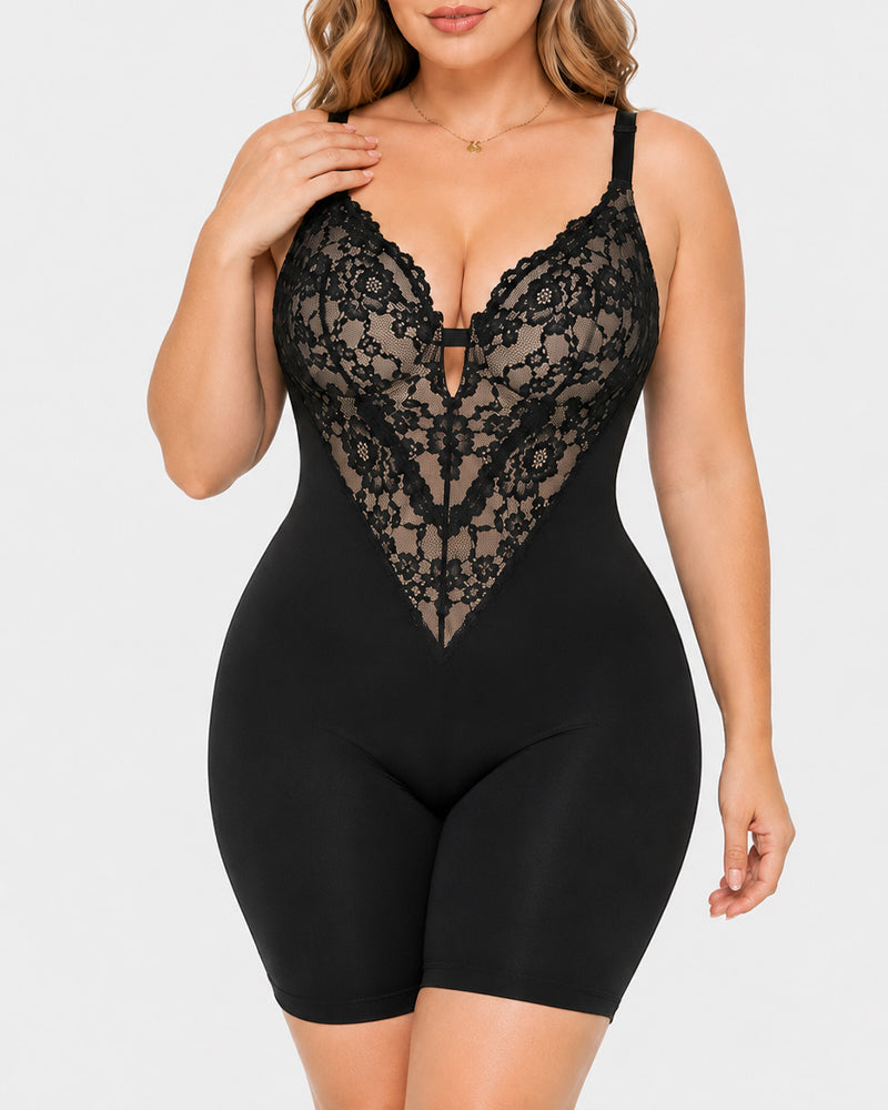 Body sin costuras de encaje elástico con escote en V para mujer" can be rewritten as:

"Body de encaje elástico sin costuras con escote en V para mujer