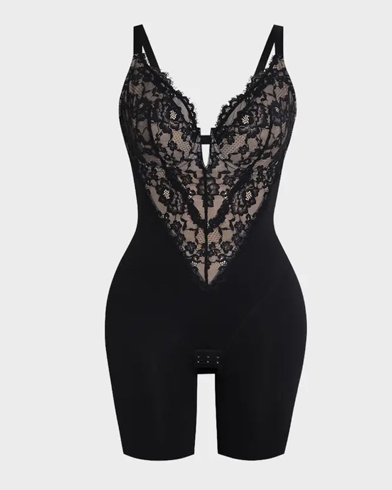 Body sin costuras de encaje elástico con escote en V para mujer" can be rewritten as:

"Body de encaje elástico sin costuras con escote en V para mujer
