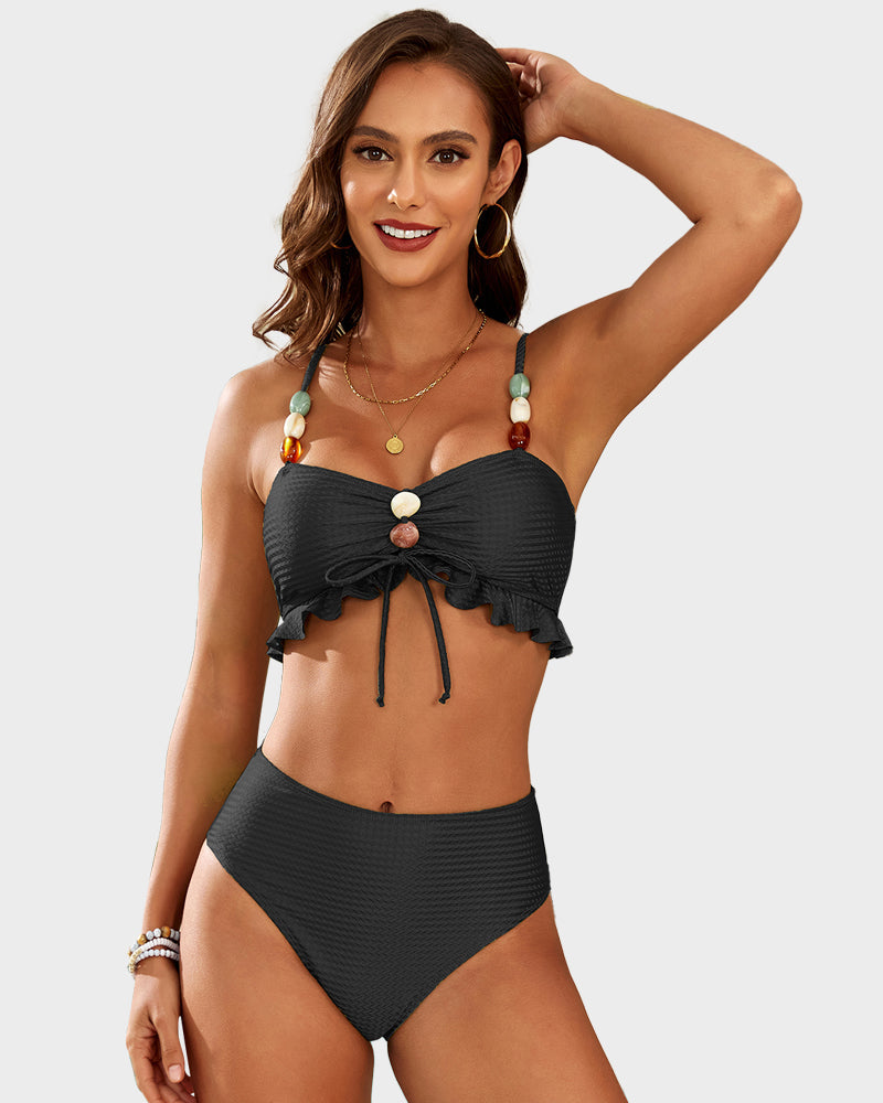 Conjunto de Bikini de Satén con Detalles de Cuentas Elegantes