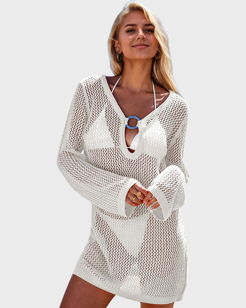 Vestido de Playa de Crochet con Mangas Largas y Escote Pronunciado