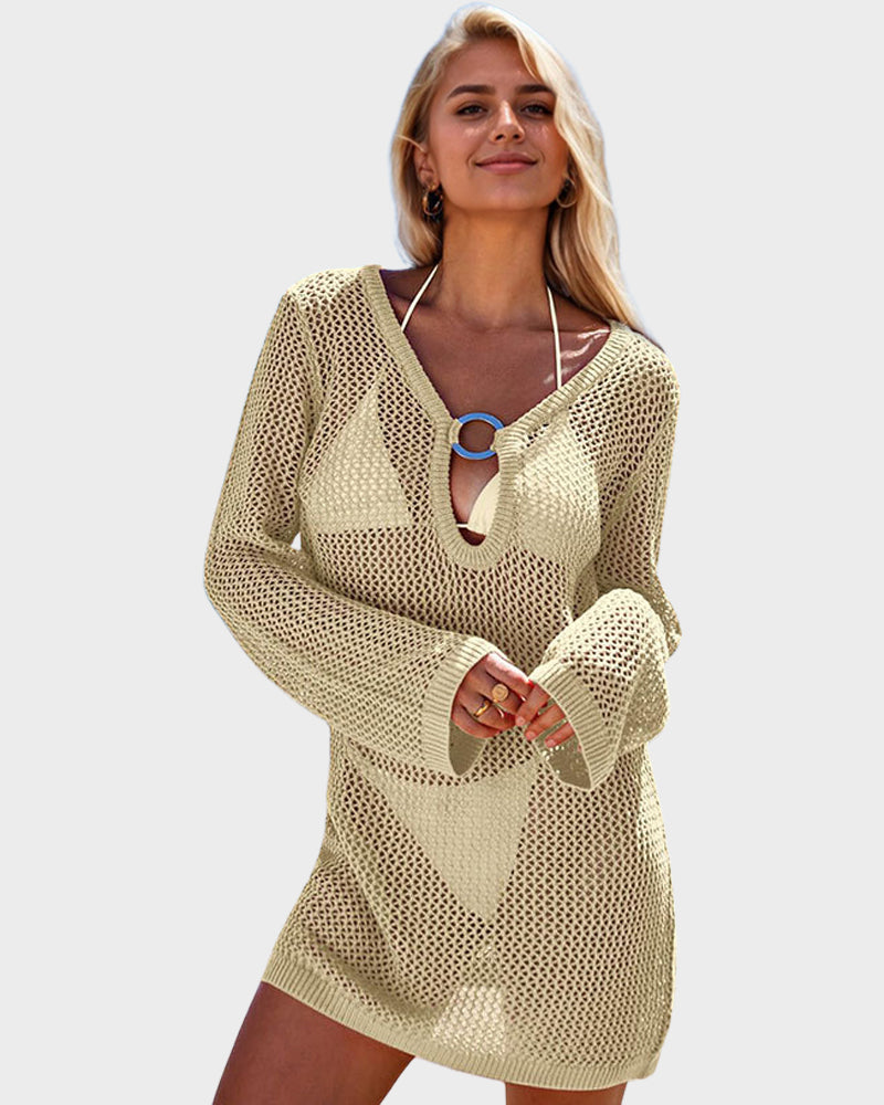 Vestido de Playa de Crochet con Mangas Largas y Escote Pronunciado