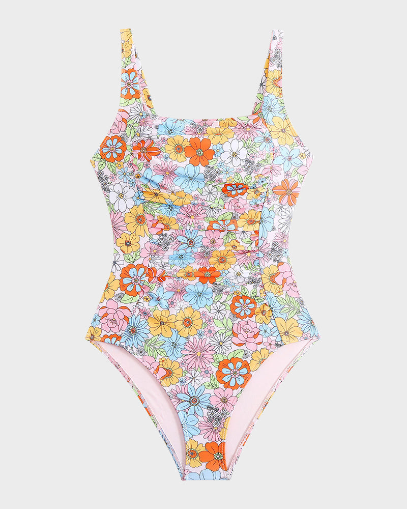 Traje de Baño de Una Pieza con Cuello Cuadrado y Detalles Fruncidos