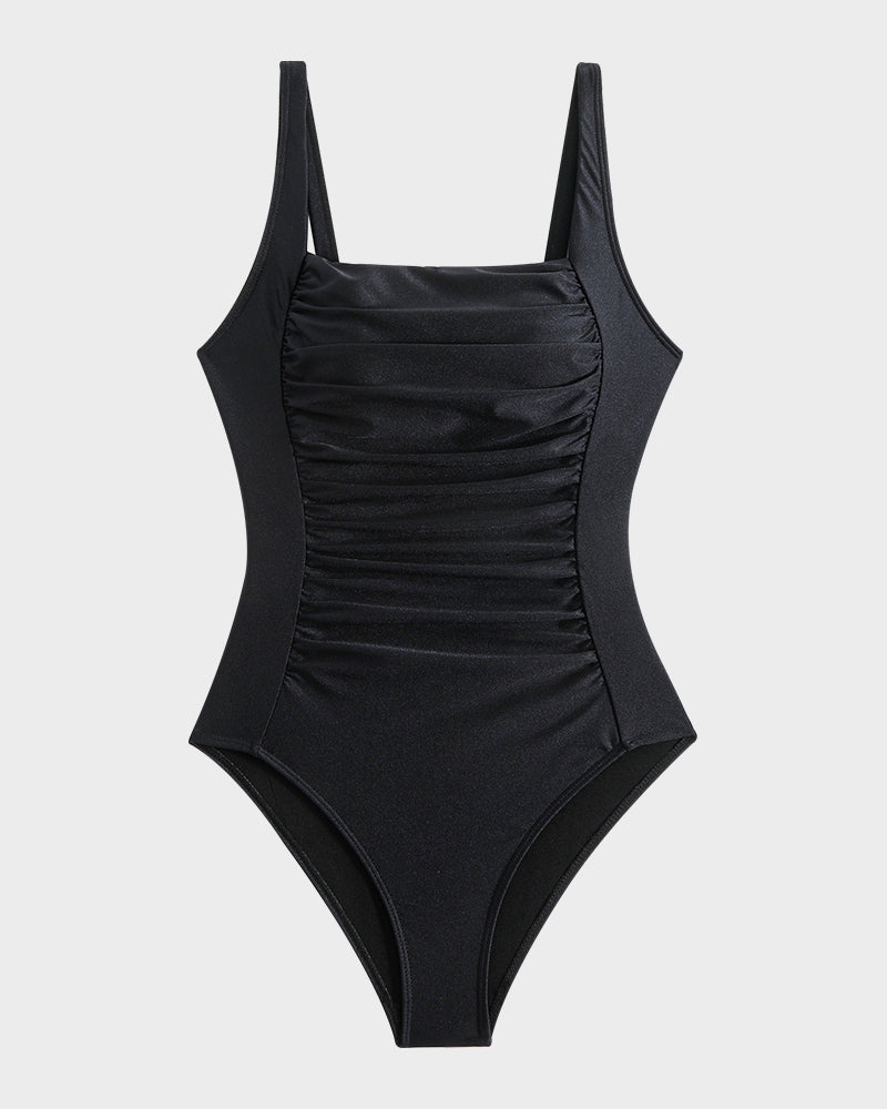 Traje de Baño de Una Pieza con Cuello Cuadrado y Detalles Fruncidos