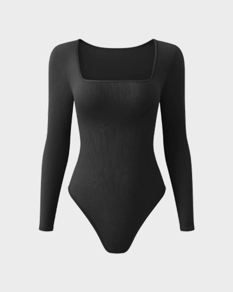 Floralshe® Elegante Body de Cuello Cuadrado y Manga Larga