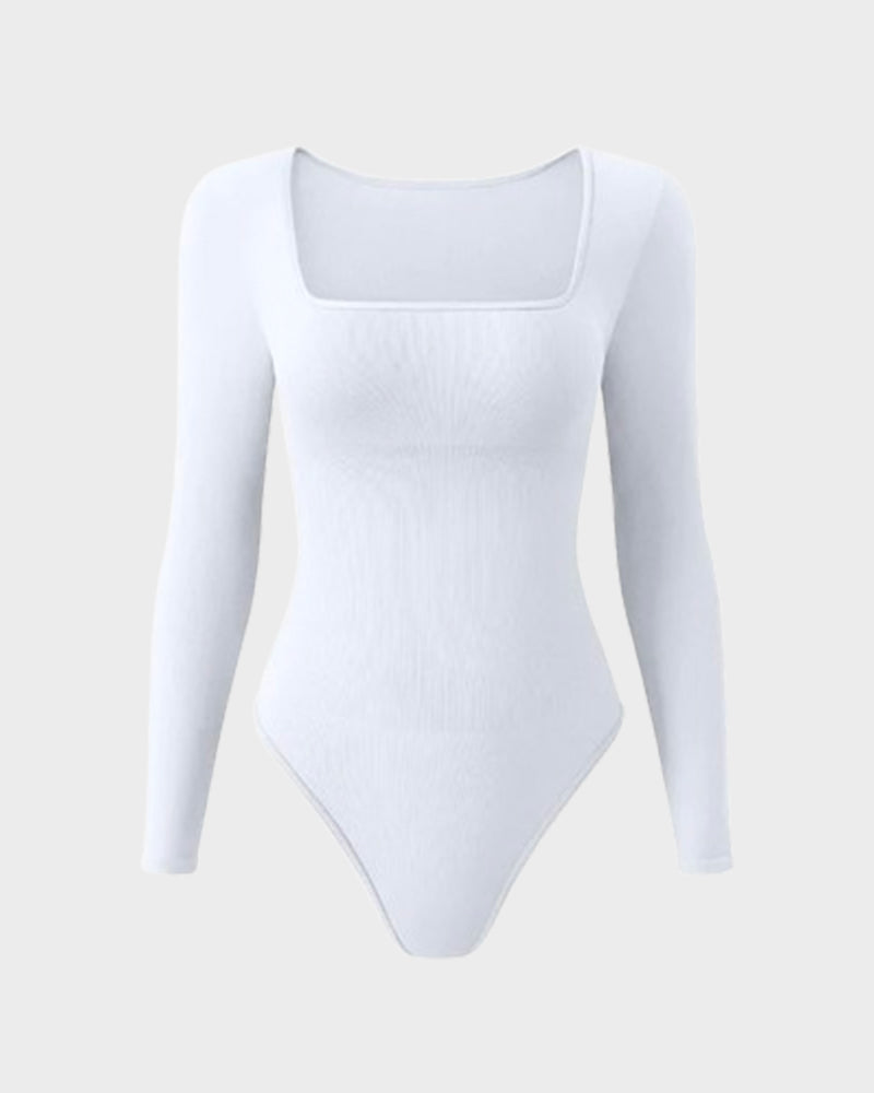 Floralshe® Elegante Body de Cuello Cuadrado y Manga Larga