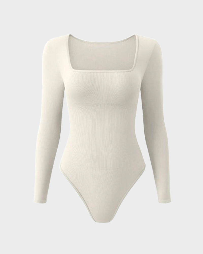 Floralshe® Elegante Body de Cuello Cuadrado y Manga Larga