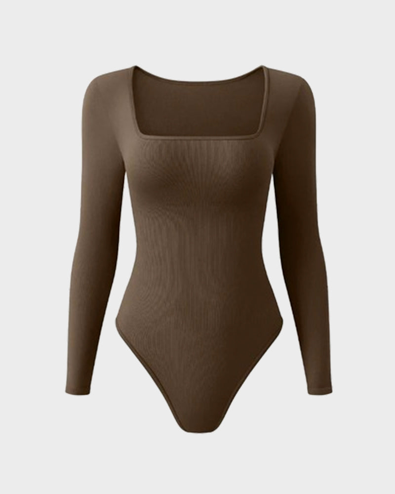 Floralshe® Elegante Body de Cuello Cuadrado y Manga Larga