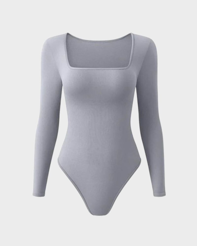 Floralshe® Elegante Body de Cuello Cuadrado y Manga Larga