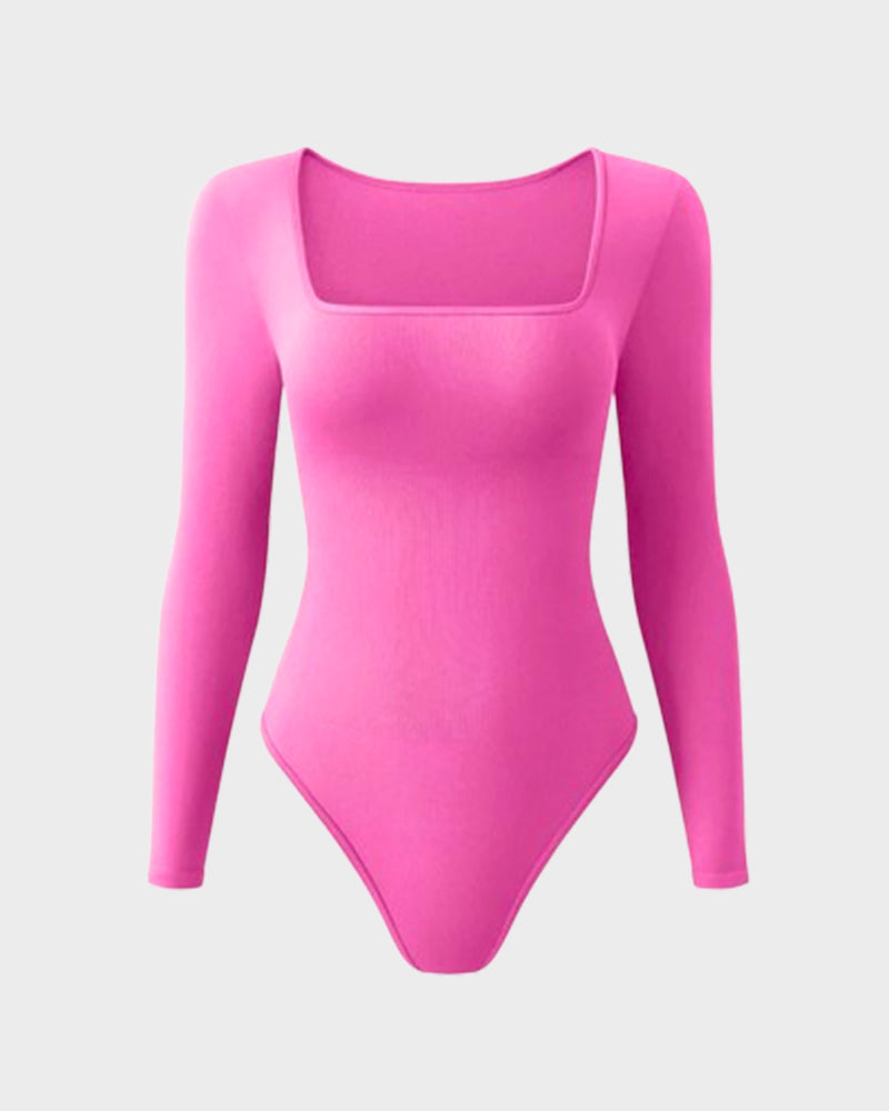 Floralshe® Elegante Body de Cuello Cuadrado y Manga Larga