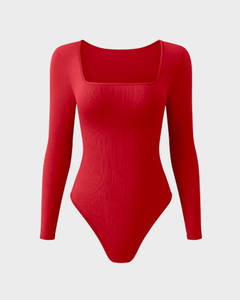 Floralshe® Elegante Body de Cuello Cuadrado y Manga Larga