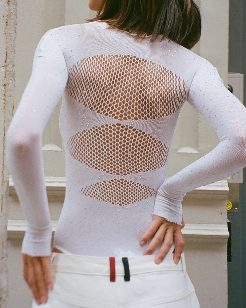 Body de Malla Brillante con Cuello Redondo y Manga Larga